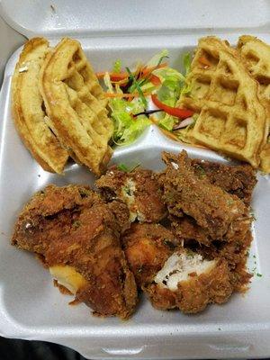 $16.95 worth of chicken and waffles. soggy waggles and tasteless chicken. look at the white spots of raw flour