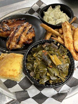 Pick one combo with chicken breast, collard greens, potato salad, brew city fries, and cornbread