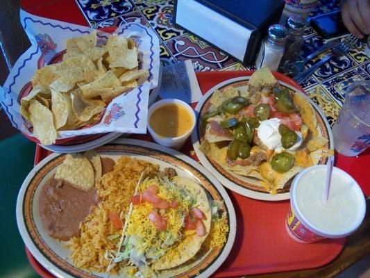 Rosa's Taco Plate, Nachos and Chips with Queso.