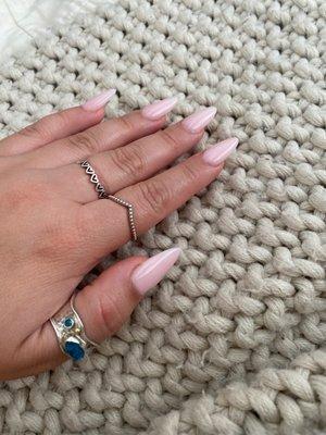 For this set, I asked for a light pink, medium length, with an oval/almond shape. Nails by Nancy.