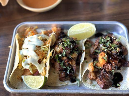 Fish taco and Al Pastor. Fish was better Pastor was cold but the portions were good.