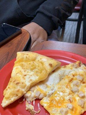 On left:  Mac and cheese pizza; on right: chicken and BBQ pizza (you can get bacon with it).