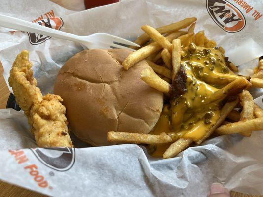 Chili Cheese Fries, burger, and one Chicken Strips