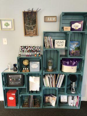 This is the lending library for The Oil Spot - a place to borrow essential oil kits and diffusers, resource books, and reference materials.