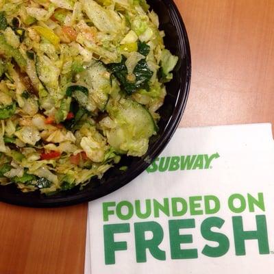 Subway double chicken chopped salad with a TON of veggies.