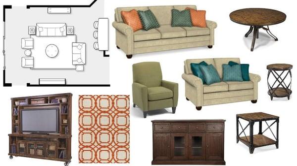 Idea board for great room done by In Home Designer