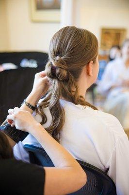 Wedding day hair in progress. Photo by Toanven Photography