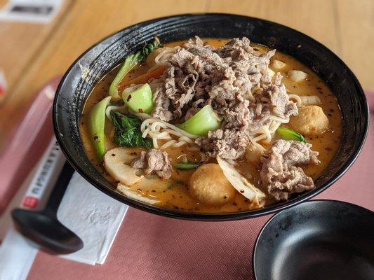 Mala-tang (their main item) with beef (by weight during happy hour), fresh noodles, fish cake, and veggies