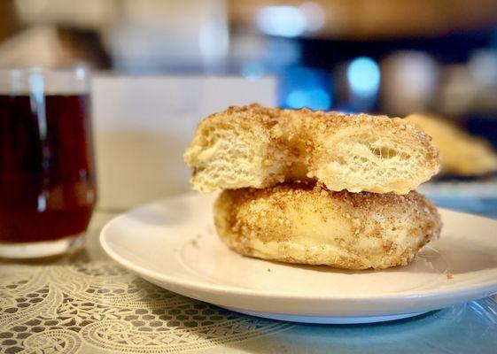 Cinnamon crunch with tea! (Number one seller after Apple fritter donut)