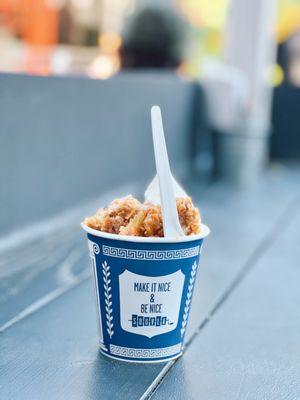 frozen yogurt with Baklava Crumbles and Honey Syrup