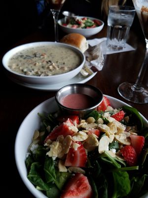 Strawberry spinach salad split for 2 and a bowl of wild rice soup