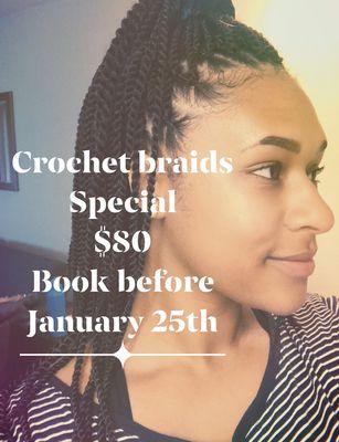 Book today to take advantage of this Crochet braid special!