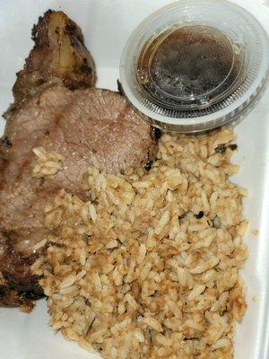 Prime rib and Texas rice.  Some awesome meat, tender, cooked to perfection.