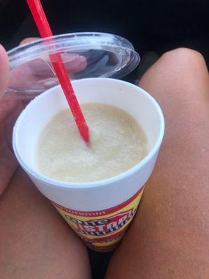 Almond milk slimmer smoothie with pina colada and mango. Perfect for a 104 degree day.