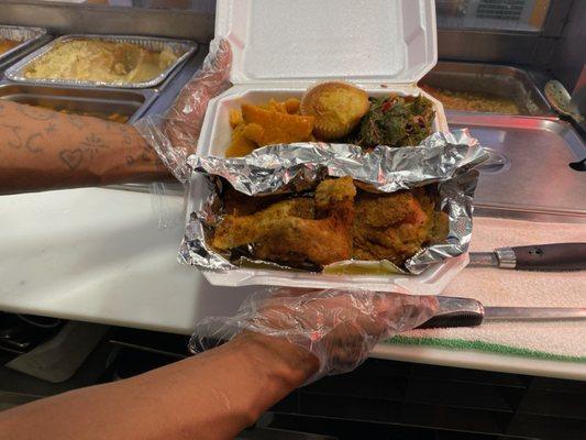 Fried chicken Dark,greens,candy yams and cornbread muffin