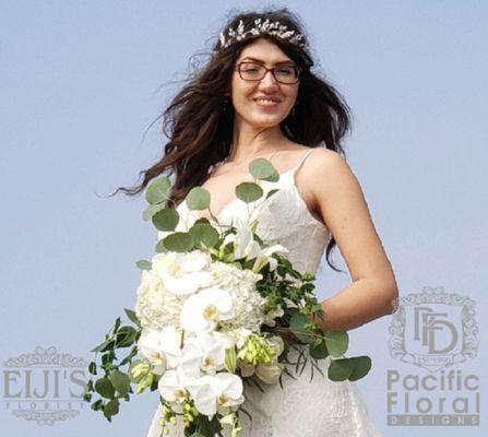 Beach Wedding, Bridal Bouquet, White Phalaenopsis & Dendrobium Orchids,  Hydrangeas, Lilies, Roses, Lisianthus & Silver Dollar & Feather