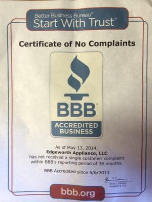 Better business bureau certificate of no complaints!