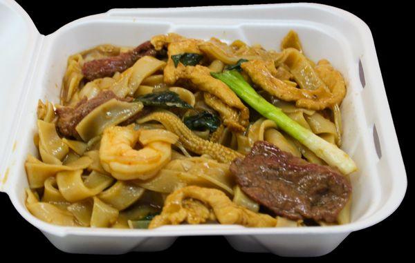 #21. Drunken noodles with
 A. Veggie $8
 B. Chicken $9
 C. Shrimp $10
 D. Beef $10
 E. Combo $11