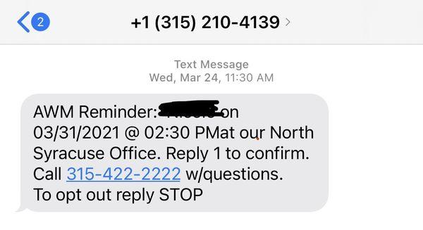 Appointment time reminder text from Associates for Women's Medicine.