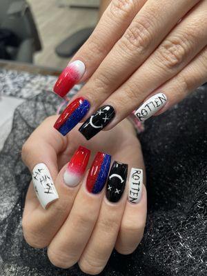 harley quinn design acrylic nails by willow