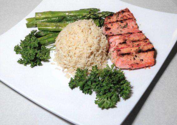 Freshly Pan-Grilled Salmon, Brown Rice & Asparagus