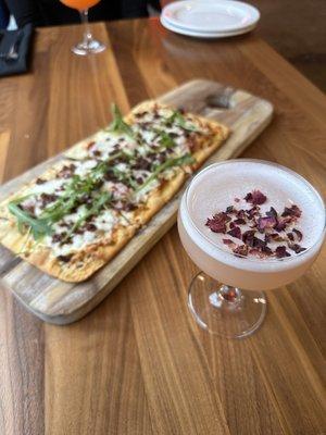 Bacon Jam Flatbread & Roses Are Red Cocktail