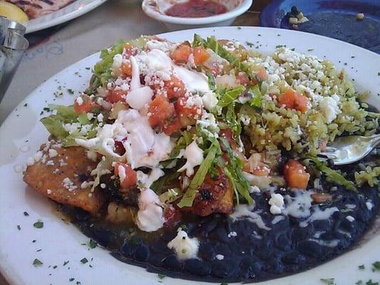 Chicken Flautas, black beans and rice.