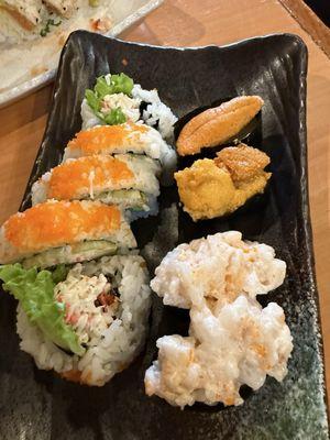 Soft Shell Crab, Uni and creamy scallop. So good!