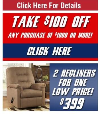 Click on our website: Sandys-furniture.com to recieve $100 OFF