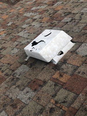 Rooftop photo of a home in Allen after the March hail storm. This is going to leak water into the home!