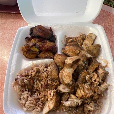 Jerk Chicken  Rice & peas Plaintains