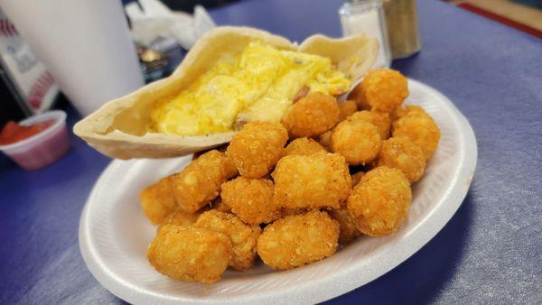 Pita with Egg & Cheese & Fried Bologna with Tater Tots