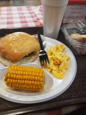 Pulled pork sandwich, mac n cheese corn on the cob & lemon Italian cream cake.