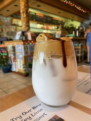 Frothy coffee with coconut milk. Sooo darn tasty if you love iced coffee.