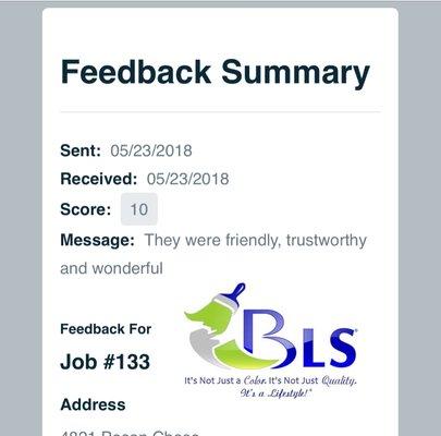 Review from a customer for work completed on May 23, 2018.