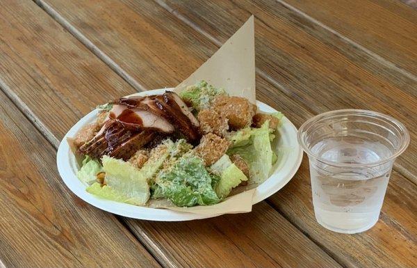 Caesar salad with smoked turkey and the bbq sauce.