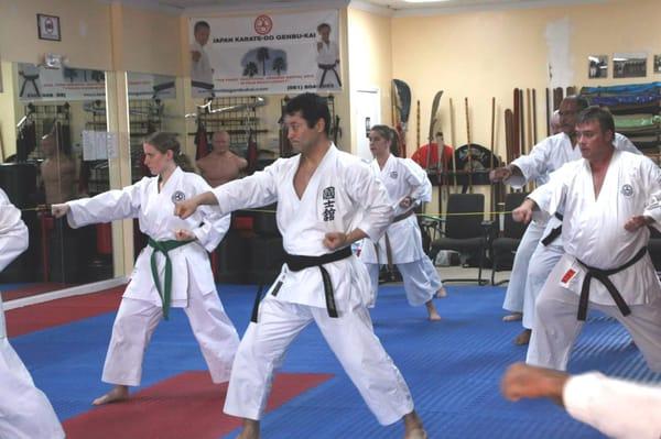 Kata (forms) practice. Both men and women enjoy training.