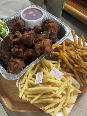 Wings (sauce on side) fries and seasoned fries