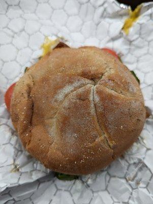 Breakfast sandwich top view.