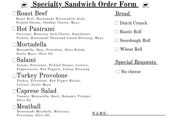 Specialty Sandwich Menu