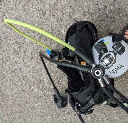 Photo of my assembled BCD/tank/octopus from one of the pool days. This is all rental gear from the shop.