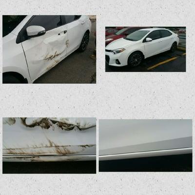 Before and after photo of the repairs done at Addison Auto Body and Glass.