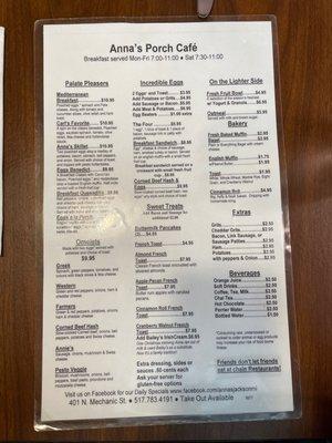 Breakfast menu