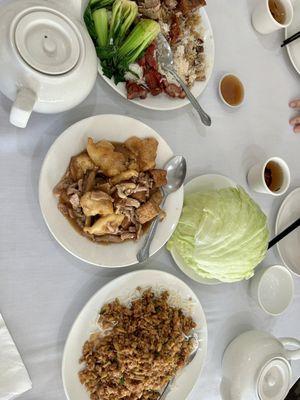 2 entree platter (chashu and duck with rice and veggies), fish filet with tofu, chicken lettuce wraps