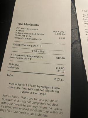 Negroni NA is listed as 10$ on the menu, but was charged 12$?