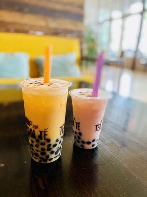 Mango extra boba tea and rose extra boba tea