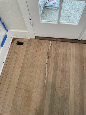 Termite damage. Wood piece was removed and replaced