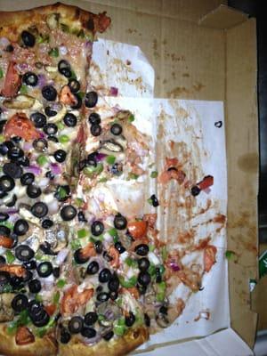 Sorry azz soggy pizza.  I think they opened a whole can of sliced black olives and dumped it on here...really!?