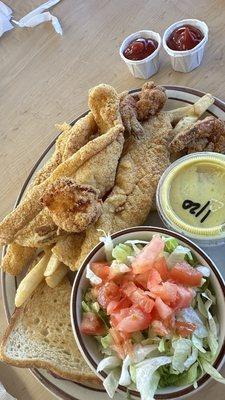 Fried fish & jumbo shrimp plate with a side salad.