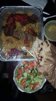 Combo for Two: Shami Kabob, Bihari Kabob, Seekh Kabob, Chicken Tandoori over rice with Salad, Soup, and Naan.